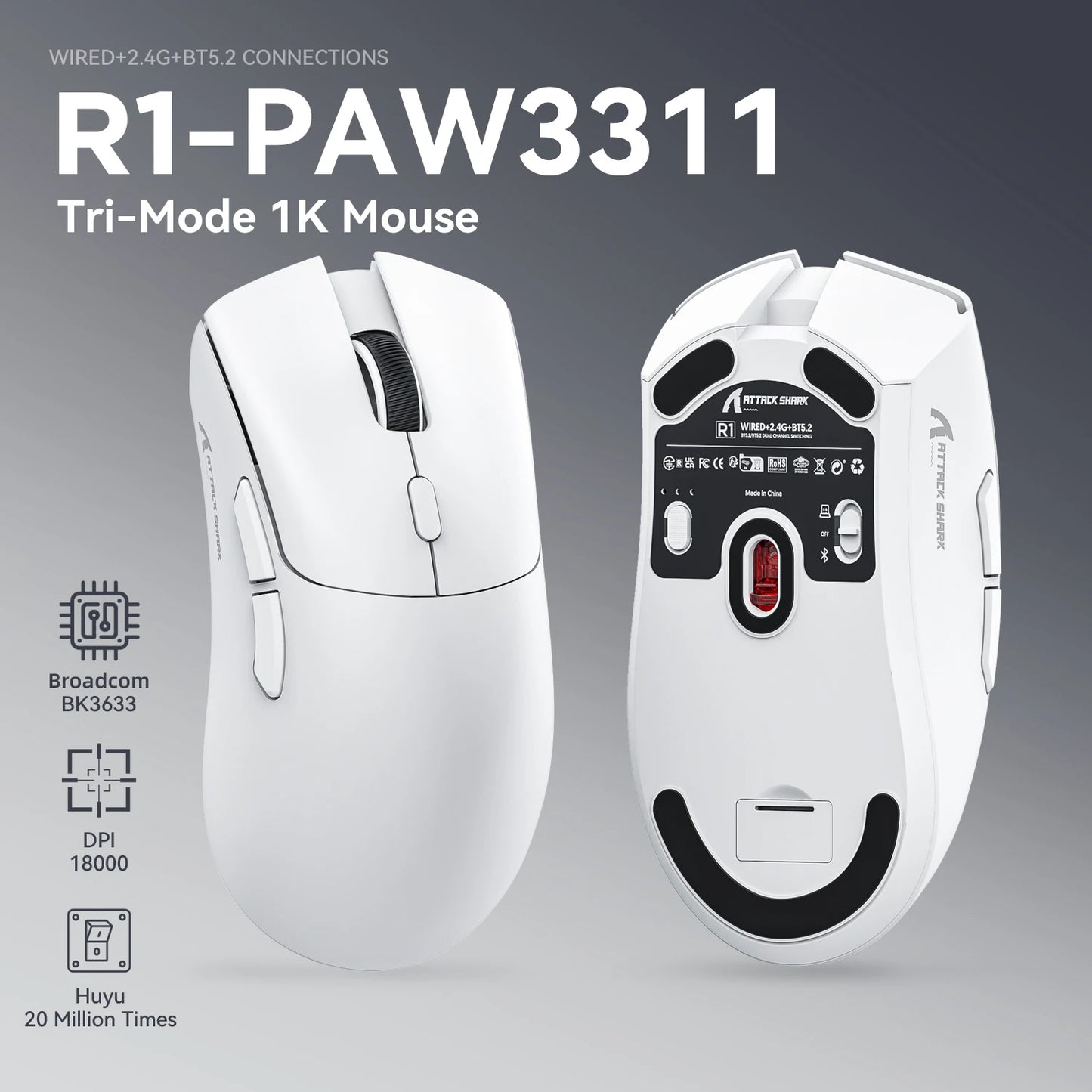 Attack Shark R1 Wireless Gaming Mouse – Bluetooth Connectivity, 18000 DPI, and Macro Support